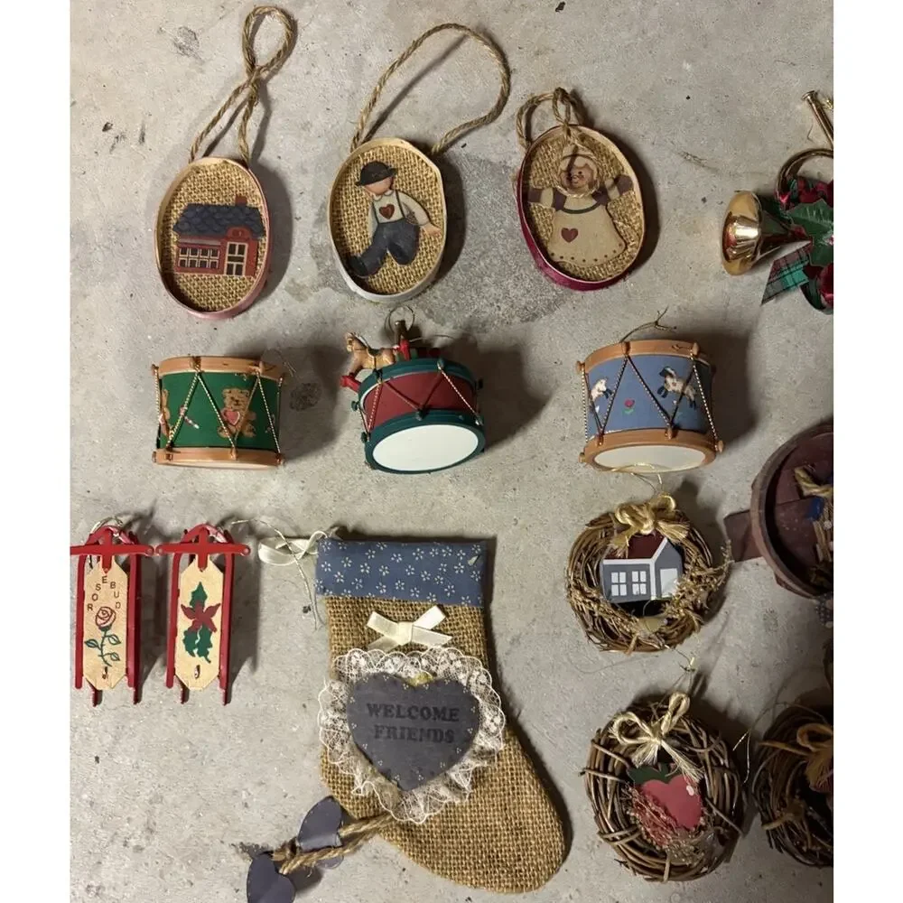 Vintage Wooden Christmas Ornaments Horns Bird Nest Baskets Brooms Stocking